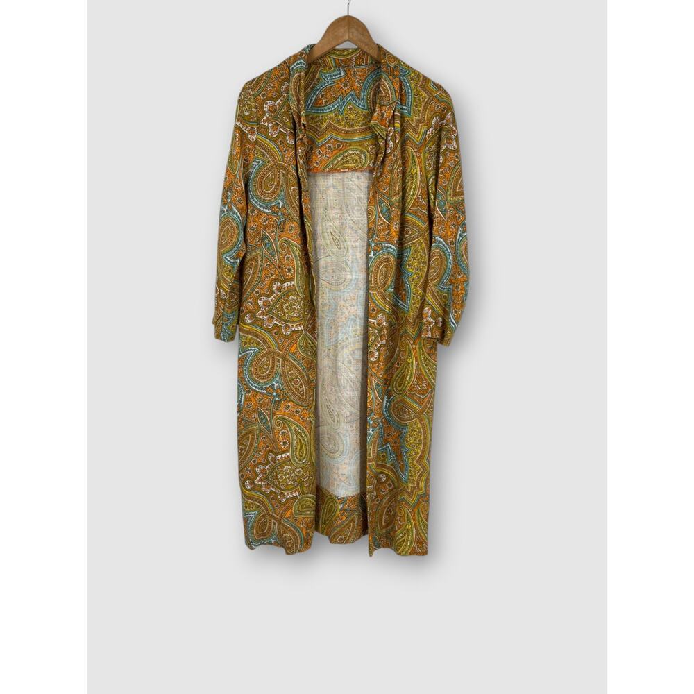Vintage 60s 70s Paisley Duster Coat Open Front Long Boho Hippie Maxi Jacket - Picture 2 of 5